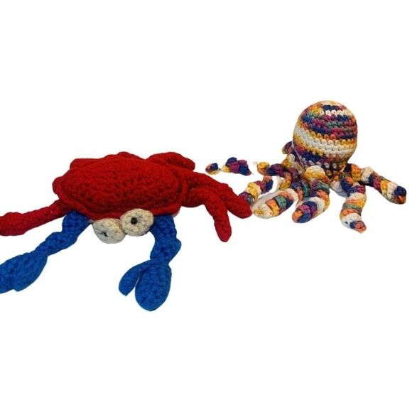 Other - Crochet Knit Plush Red Crab & Rainbow Octopus Stuffed Animal Toy Set Of 2